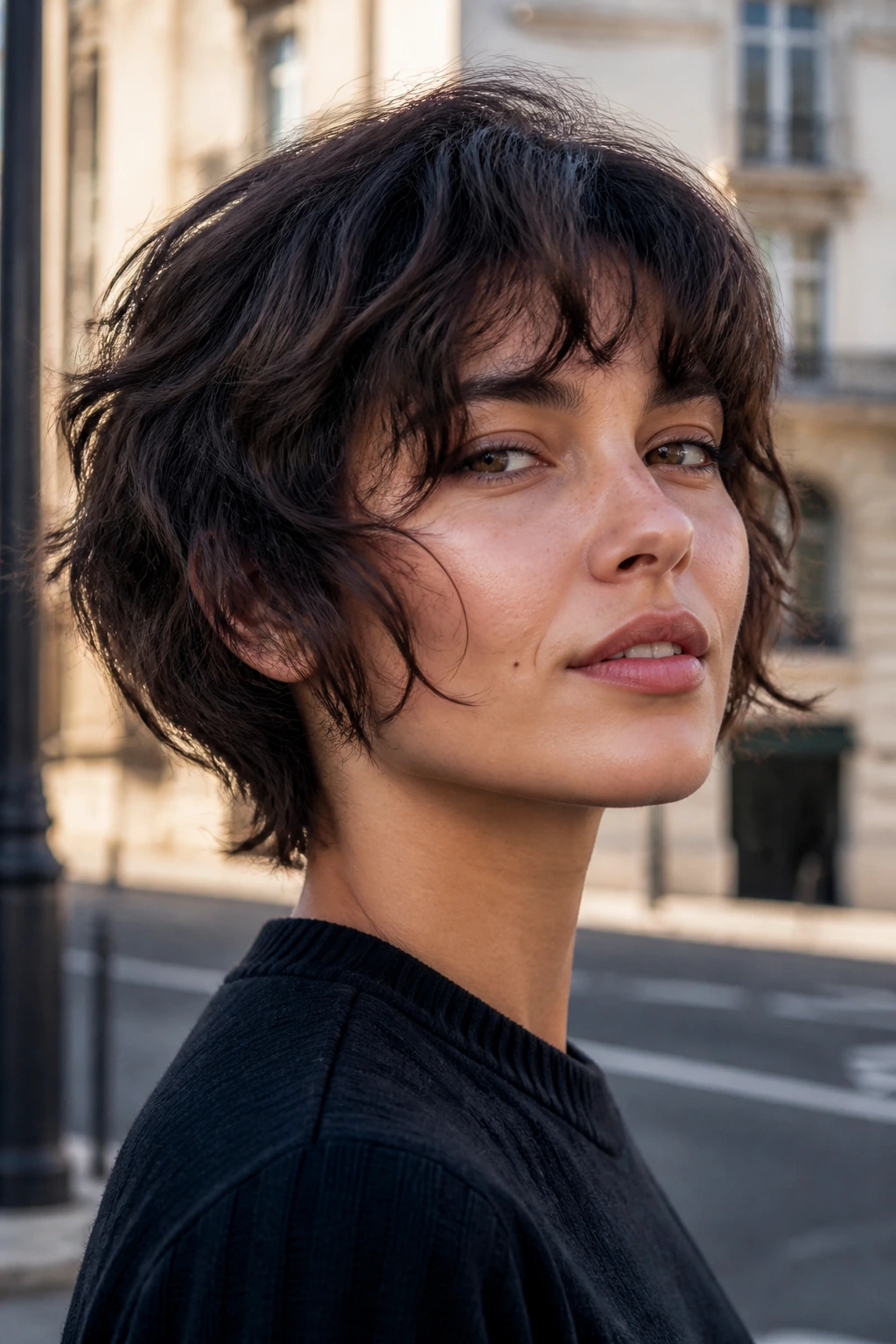 Close-up portrait of a real woman with jawline-framing shag and waves near the cheeks.
