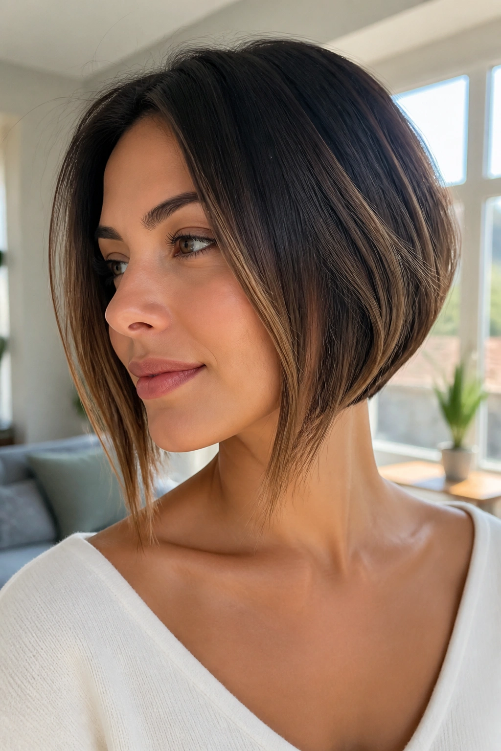 Real woman with jawline-skimming bob and long fronts in a bright room