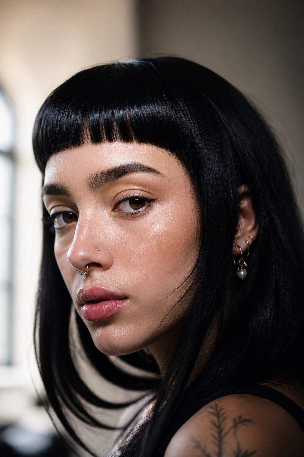 Close-up of a real person with jet-black baby bangs and a glossy fringe in soft light