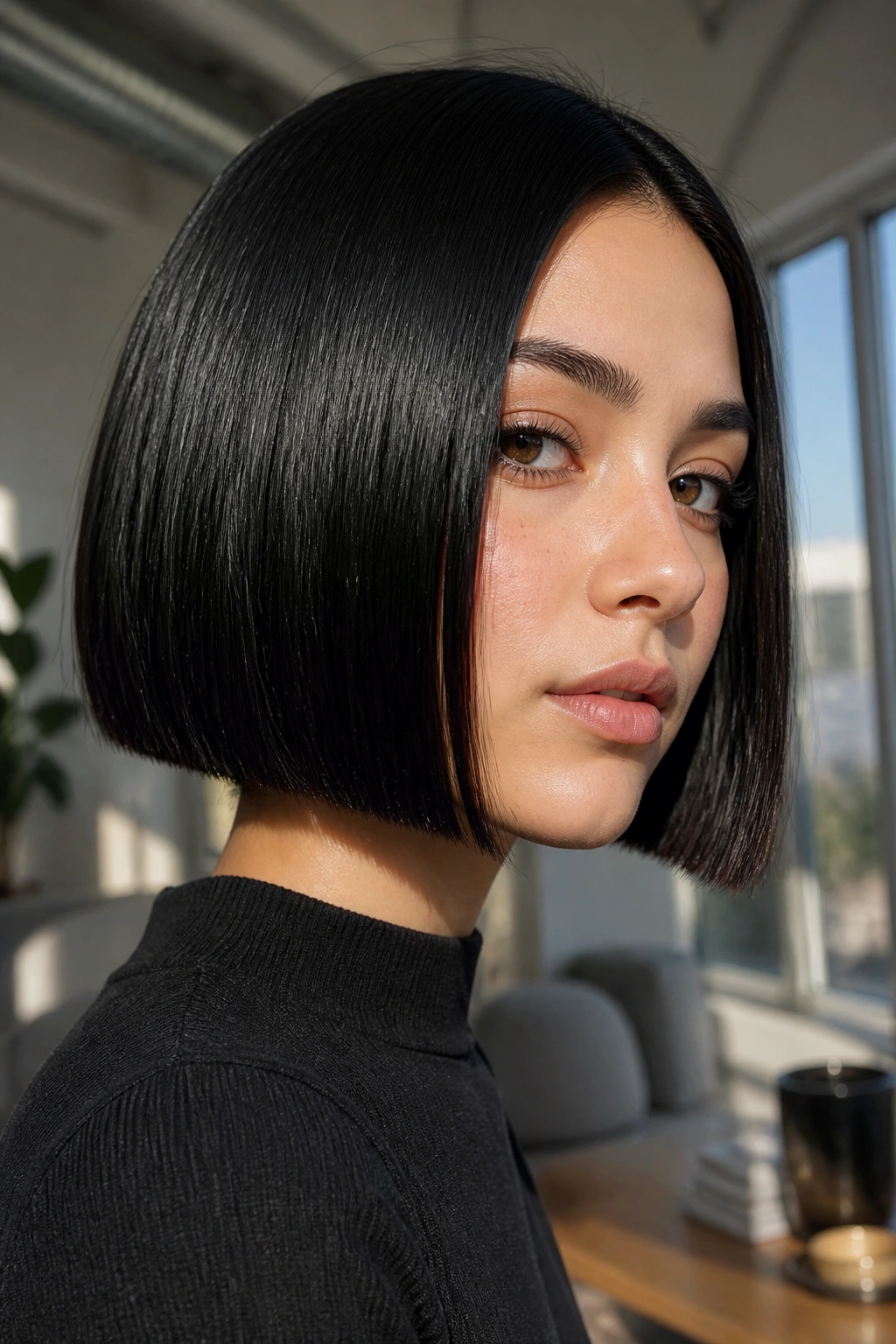 Close-up of a real woman with jet-black glassy hair in a blunt bob