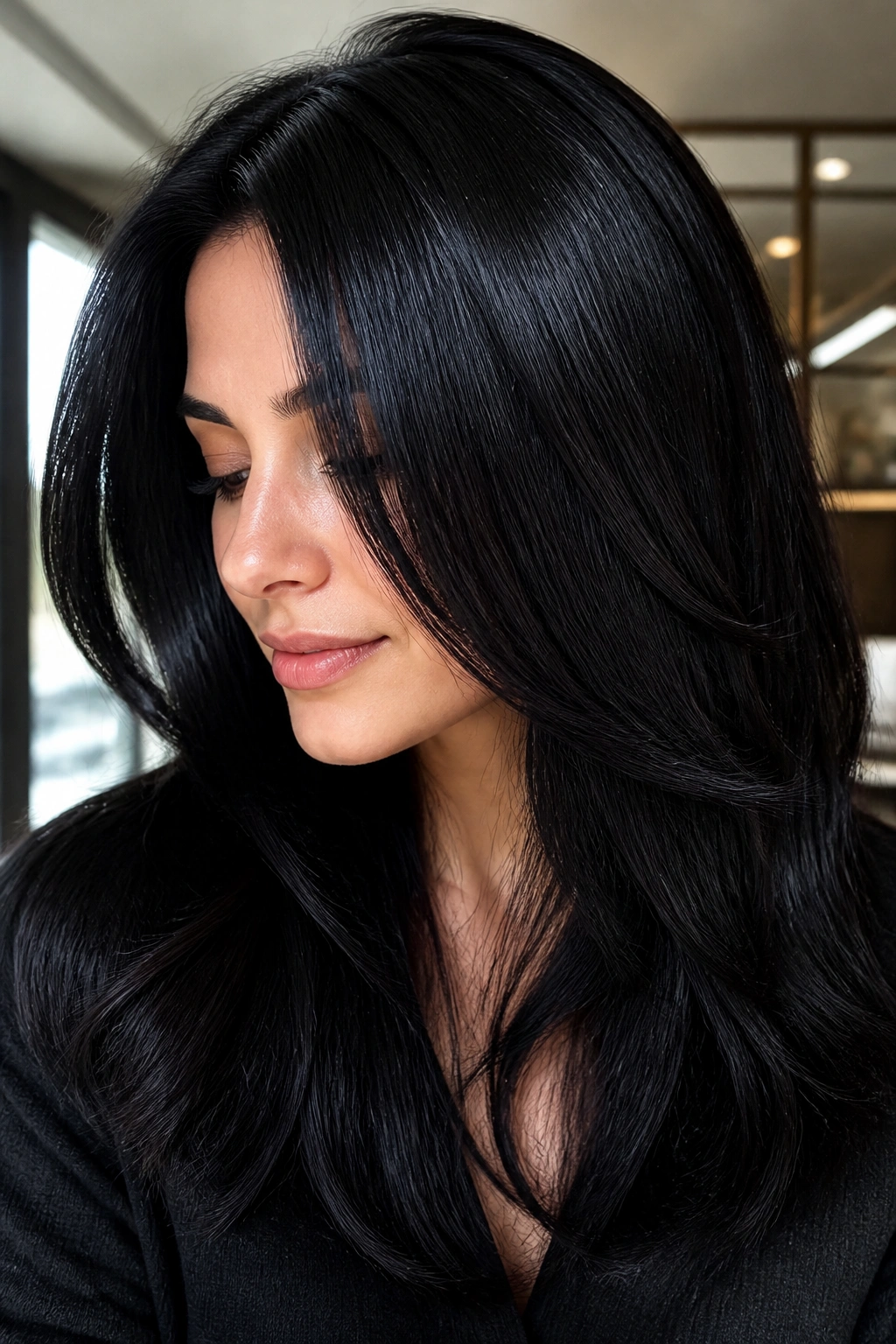 Close-up of a real person with jet-black hair and glossy sheen