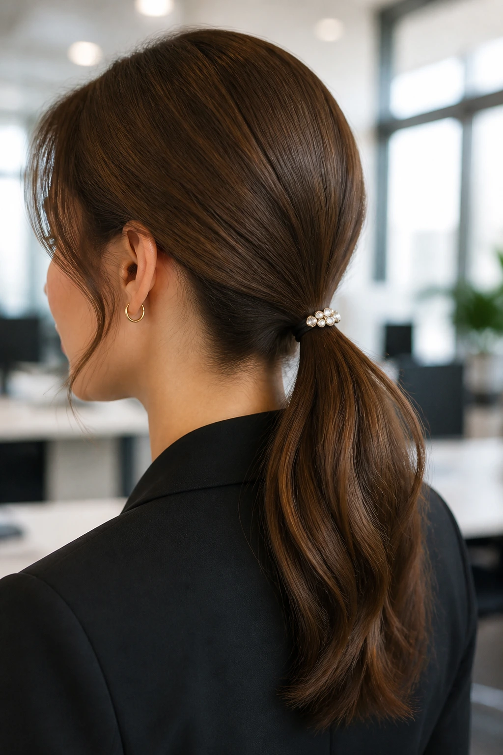 Close-up of a real woman with a low ponytail and a small jeweled clip.