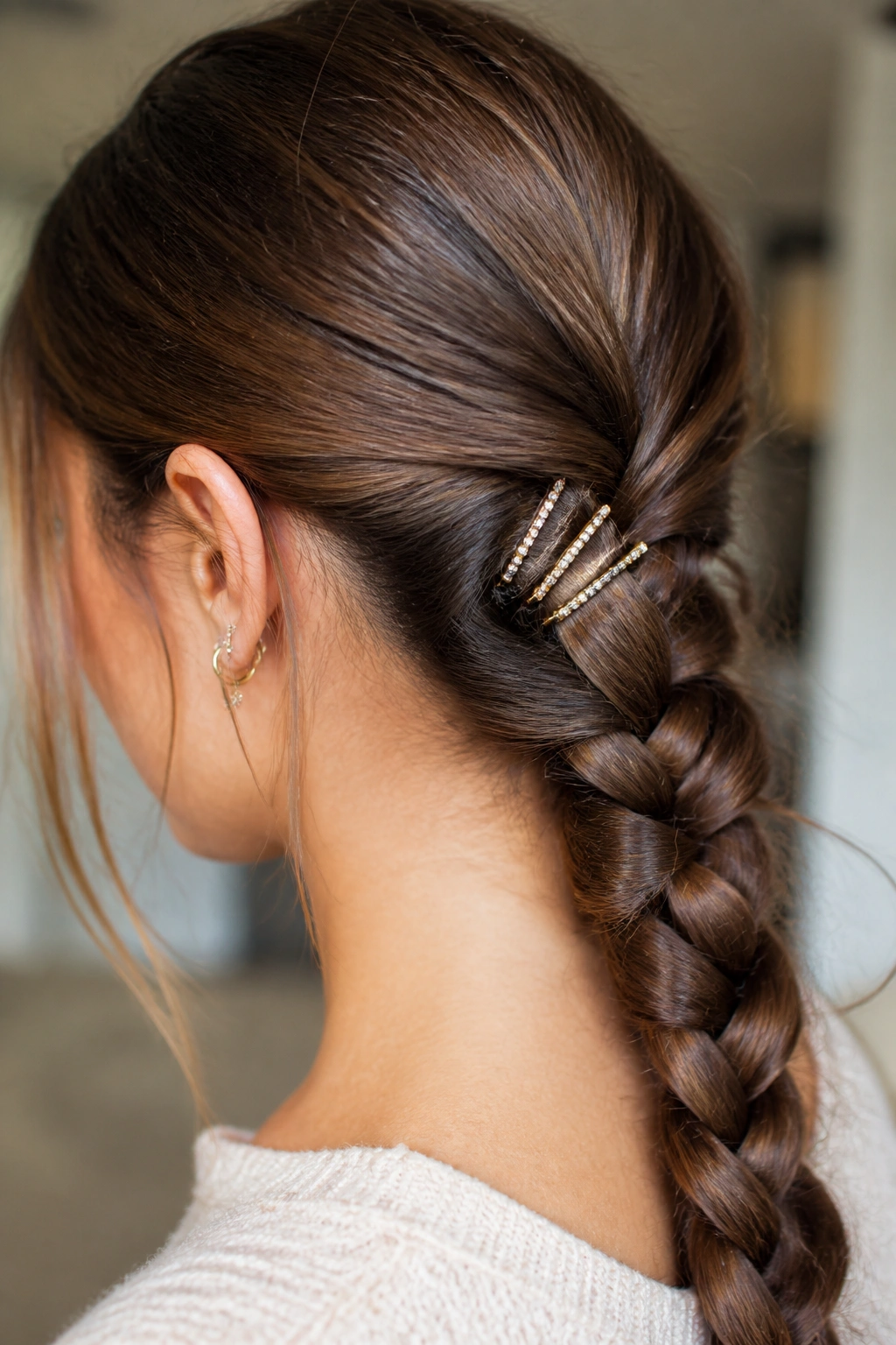 Close-up of braid base with slim jeweled pins tucked neatly