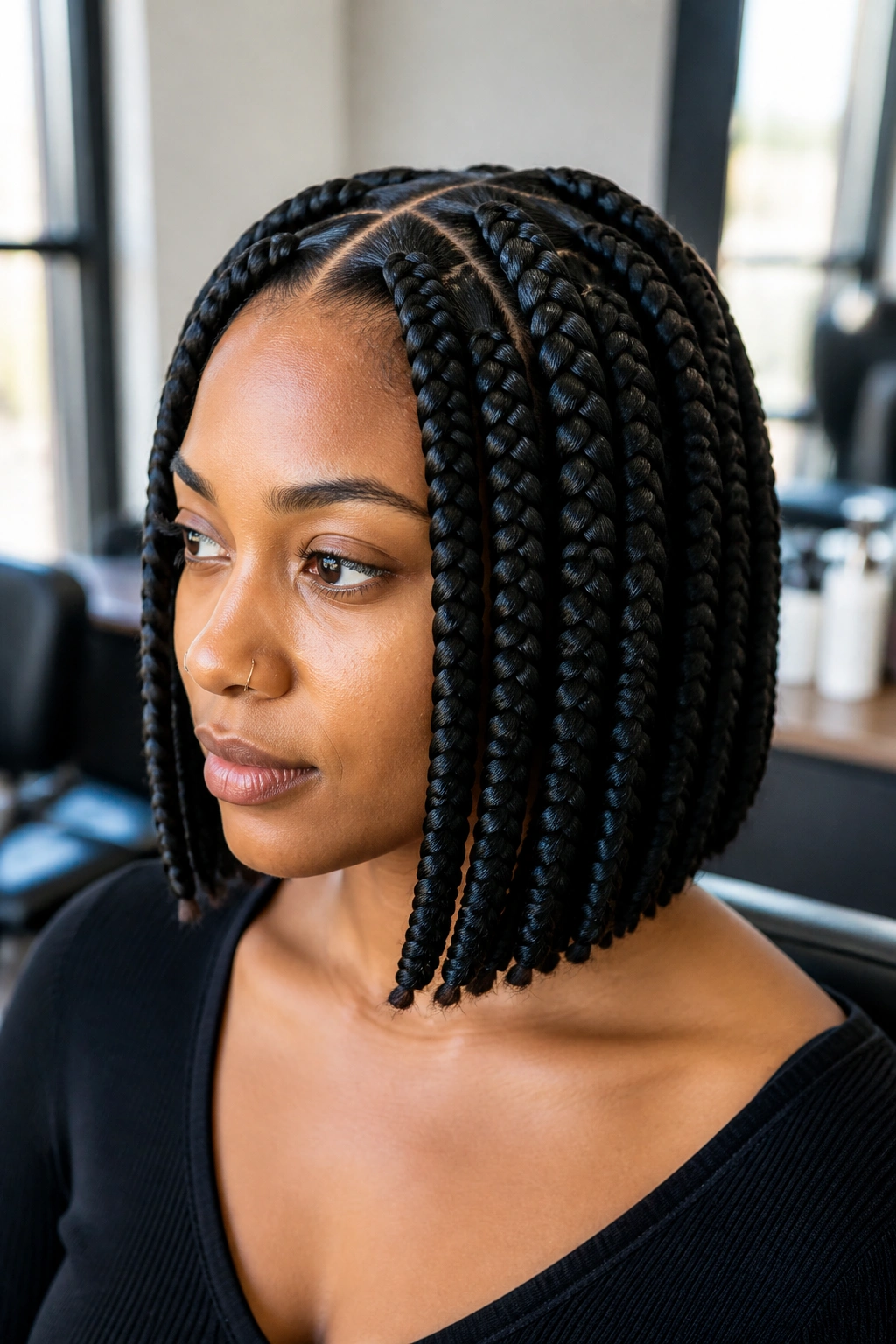 Close-up of real woman with jumbo bob braids at chin length
