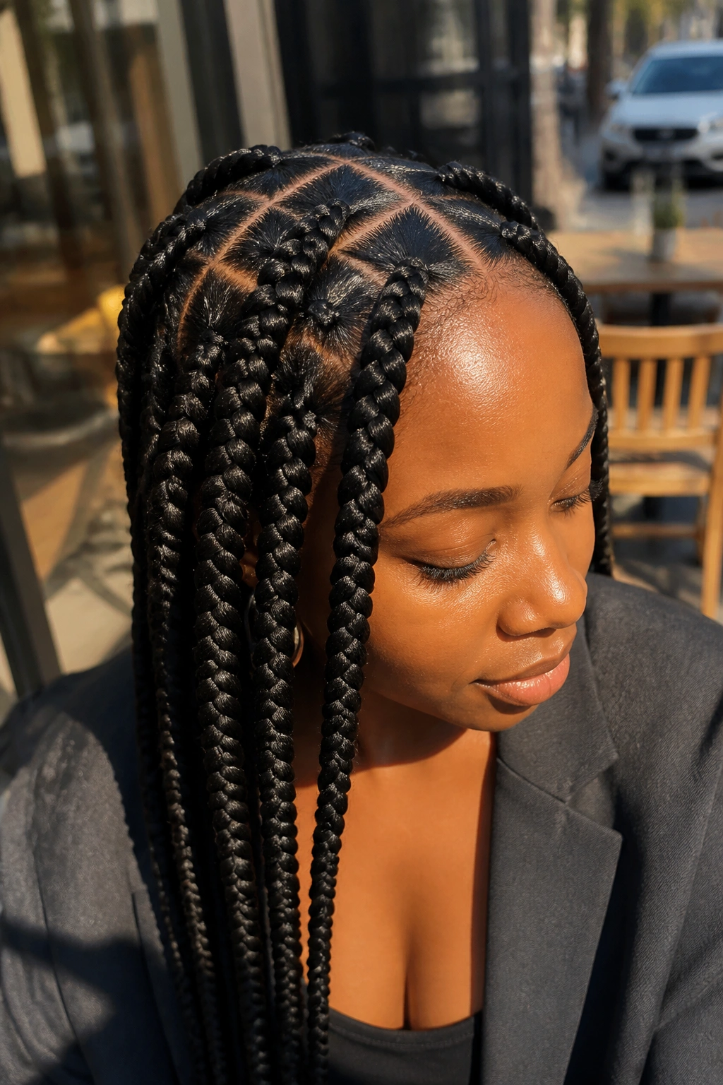 Real Black woman with jumbo box braids and bold parting outdoors.