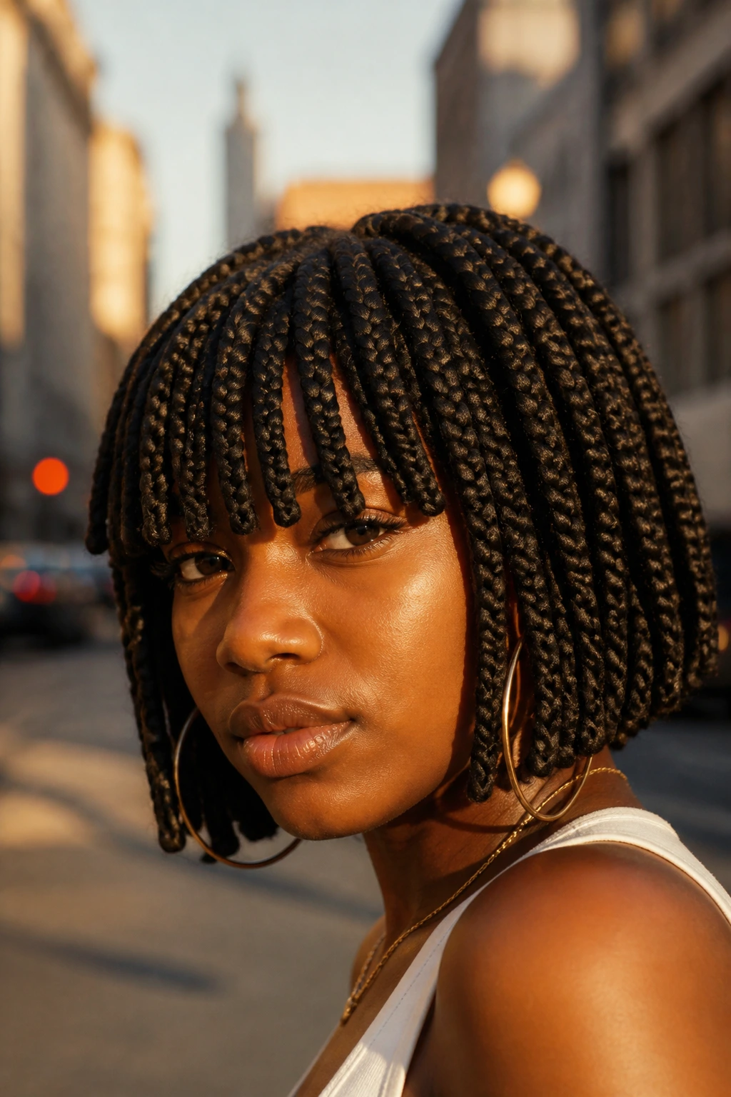 Close-up of a woman with jumbo box braids and a full fringe in golden hour light