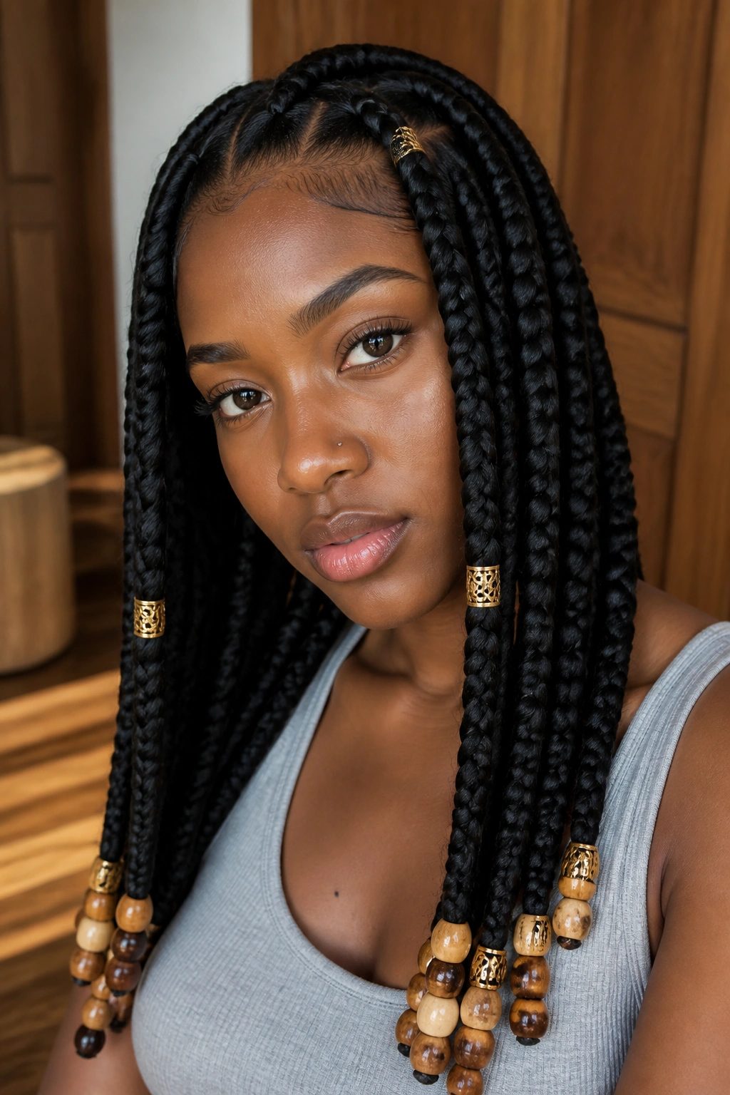 Close-up of jumbo box braids with gold cuffs and beads