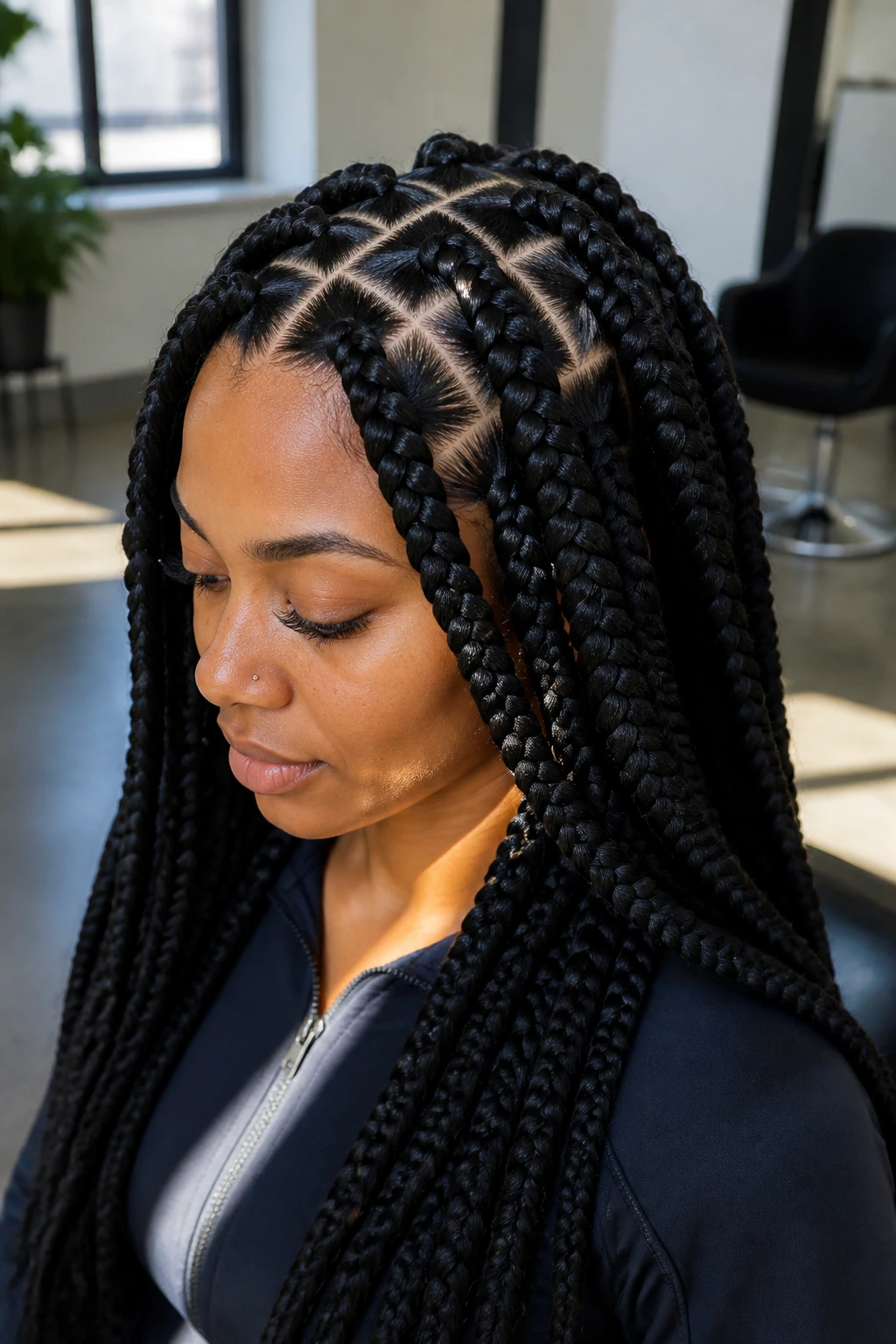 Close-up of a real woman with jumbo box braids in a sunlit salon