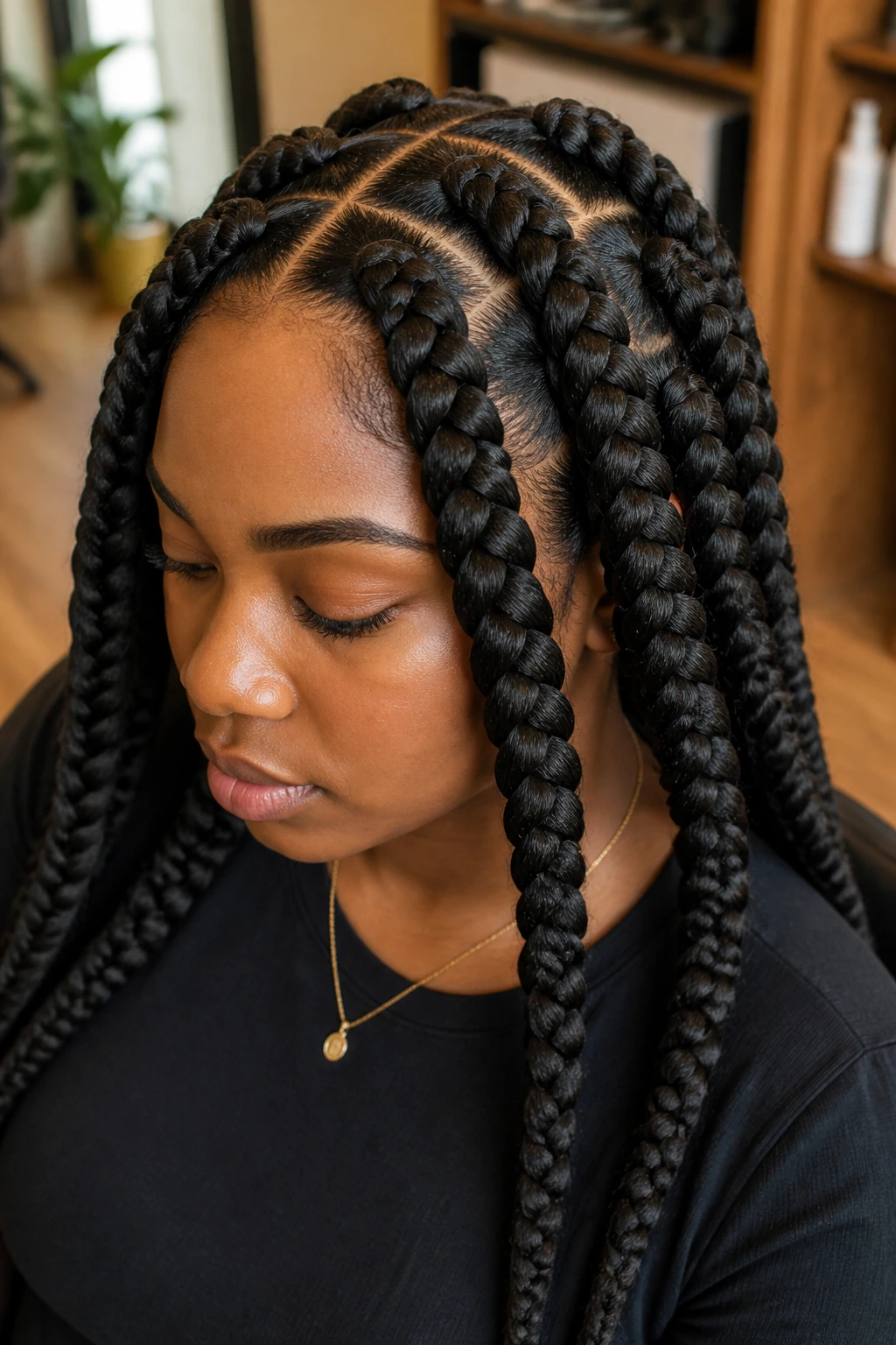 Close-up portrait of Jumbo Box Braids on a real person in a warm, sunlit salon