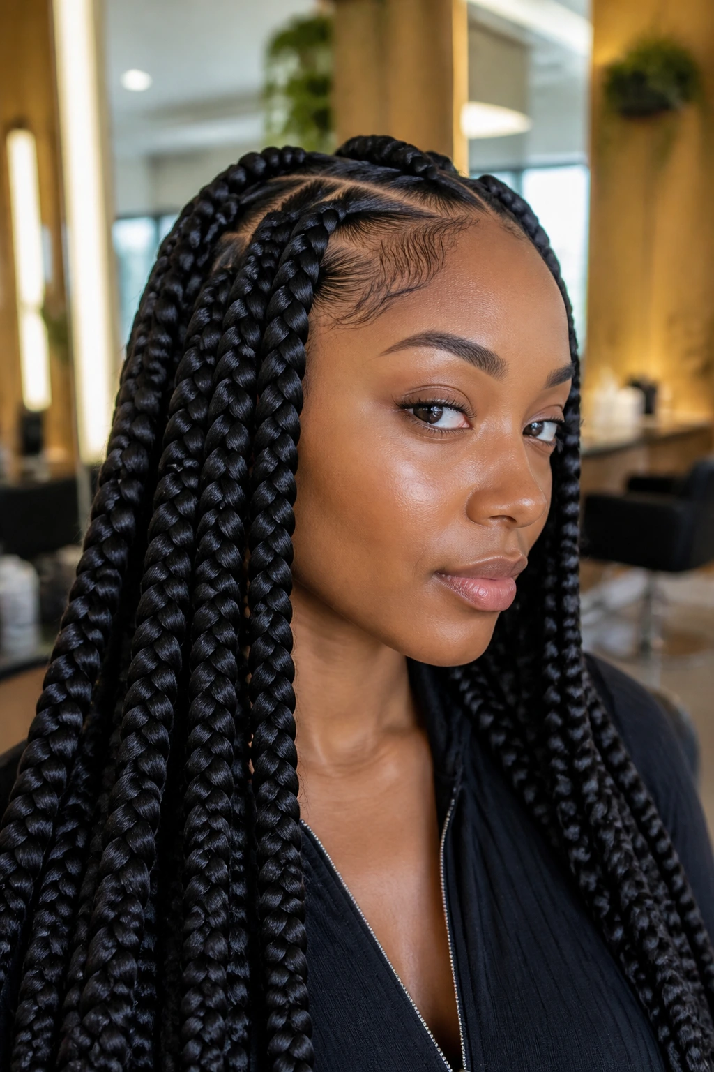 Close-up portrait of a real woman with jumbo box braids in a sunlit salon
