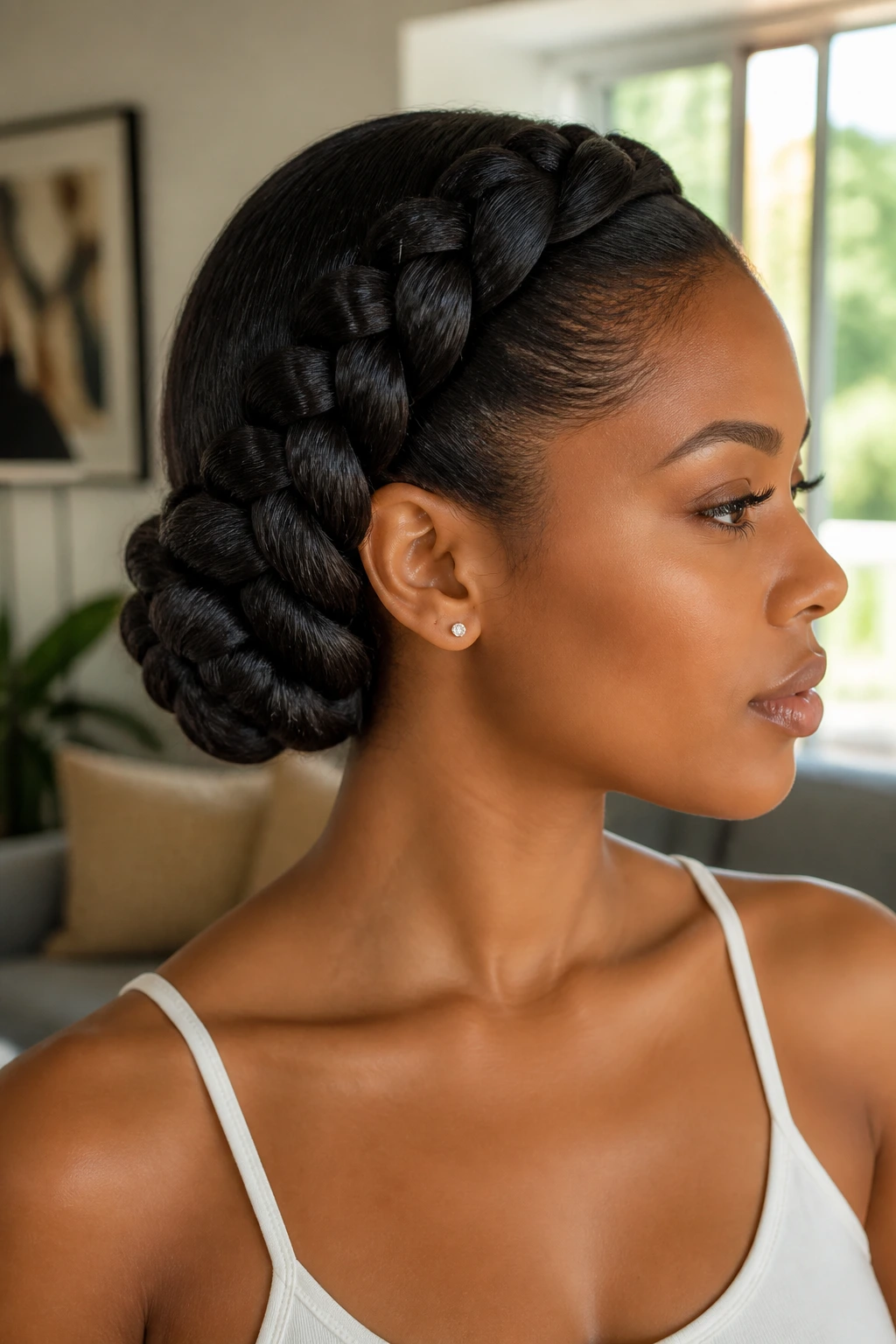 Close-up of a jumbo braid wrapped into a low bun on a real person