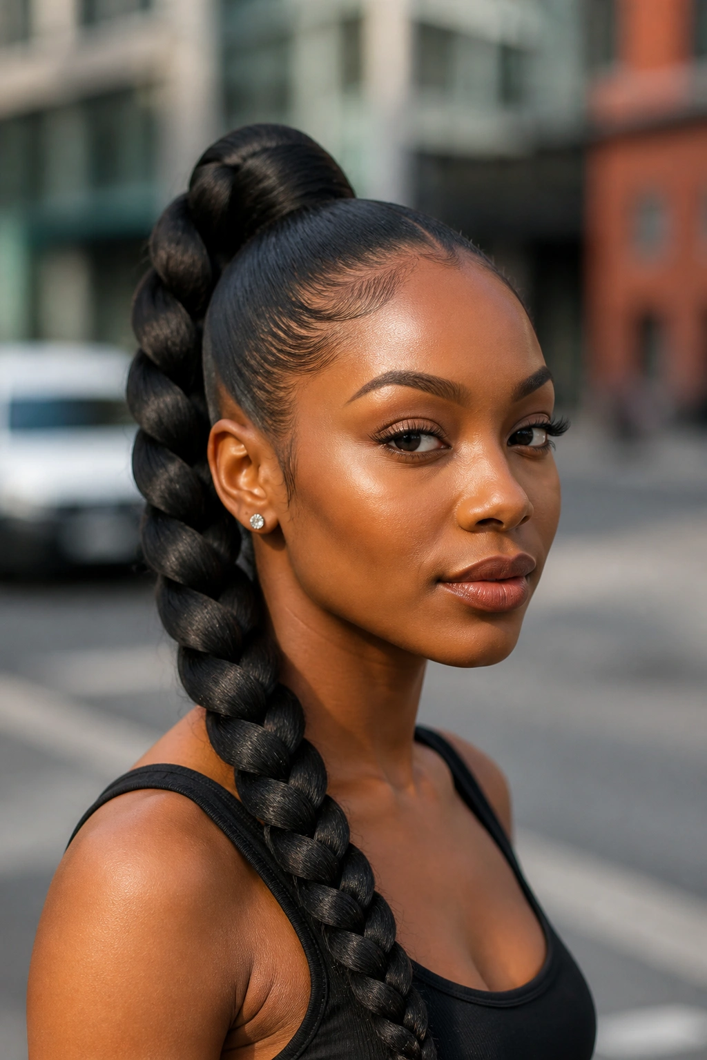 Portrait of a real Black woman with a jumbo braid ponytail in outdoor daylight