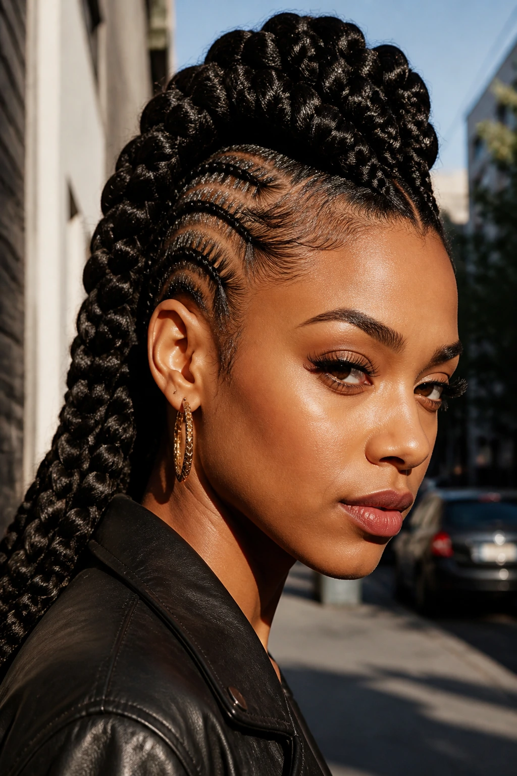 Real person with jumbo braided mohawk hairstyle.