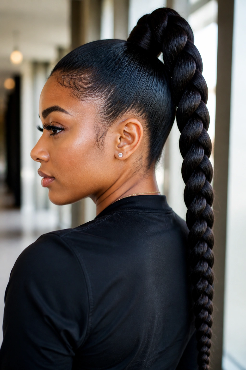Close-up of a woman with a jumbo braided ponytail forming a single thick braid from a high ponytail.