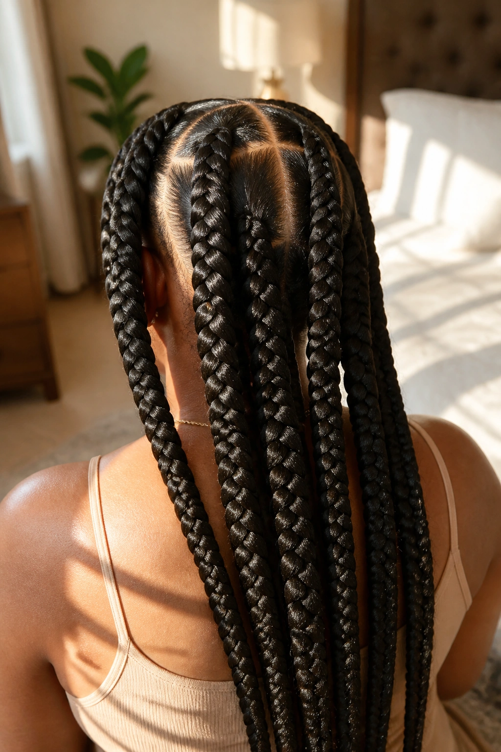 Back view close-up of a real woman with jumbo back braids and clean parts