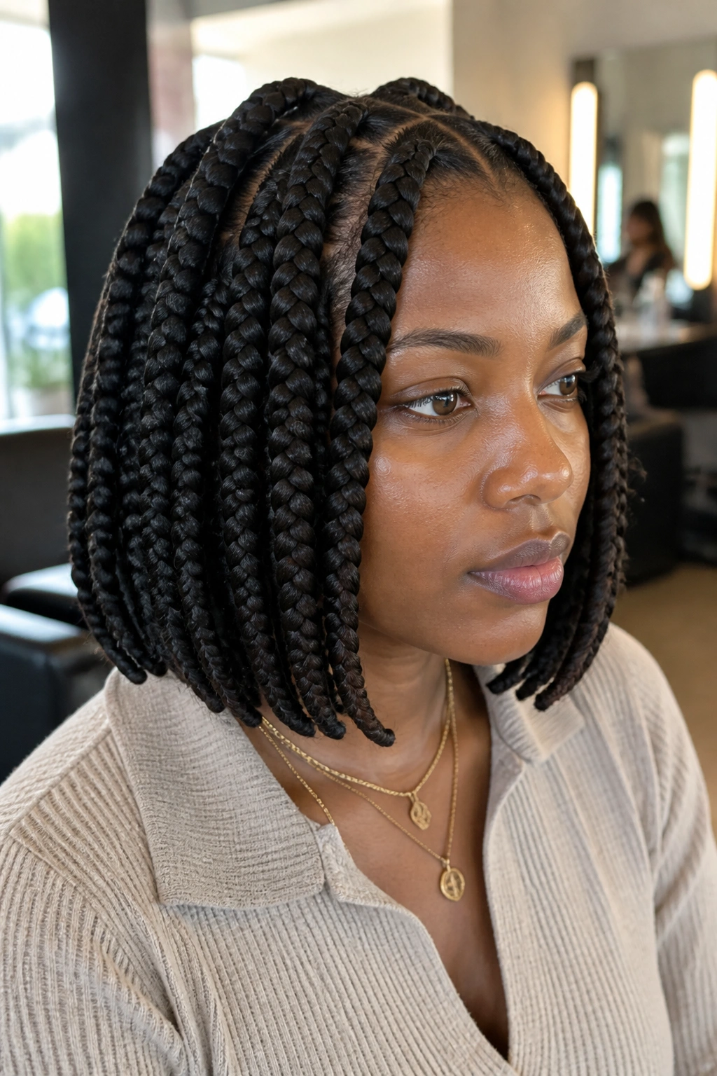 Real woman with jumbo short box braids at bob length