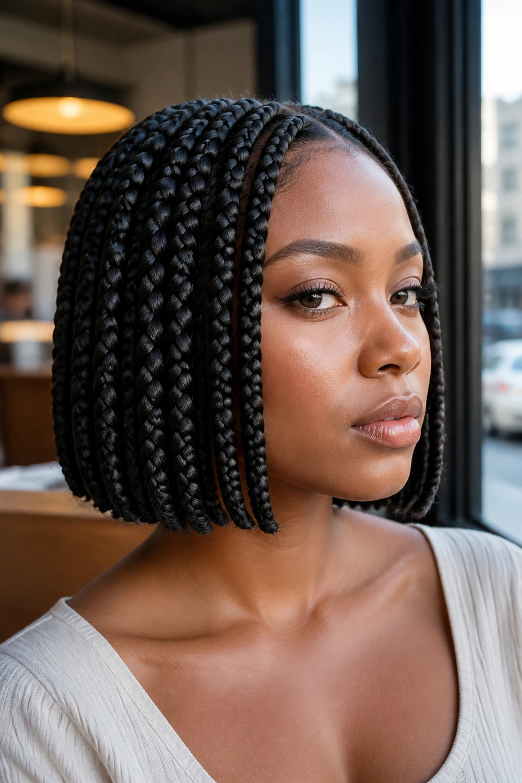 Close-up of a real person with a jumbo braided bob.