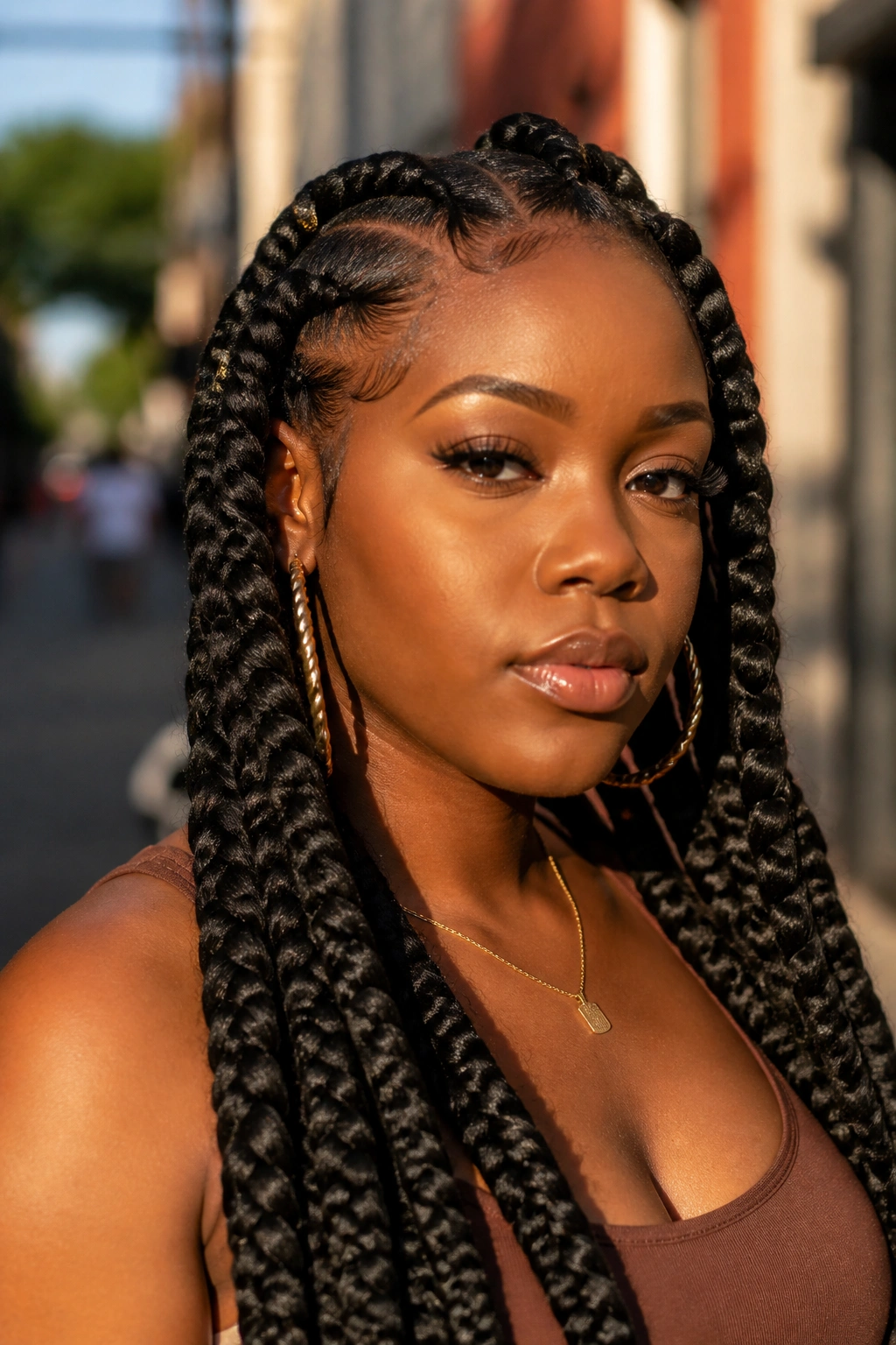 Real woman with jumbo feed-in braids filling the frame against an urban background
