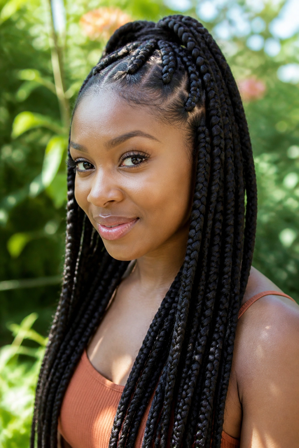 Medium close-up of jumbo box braids half-up half-down on a real woman
