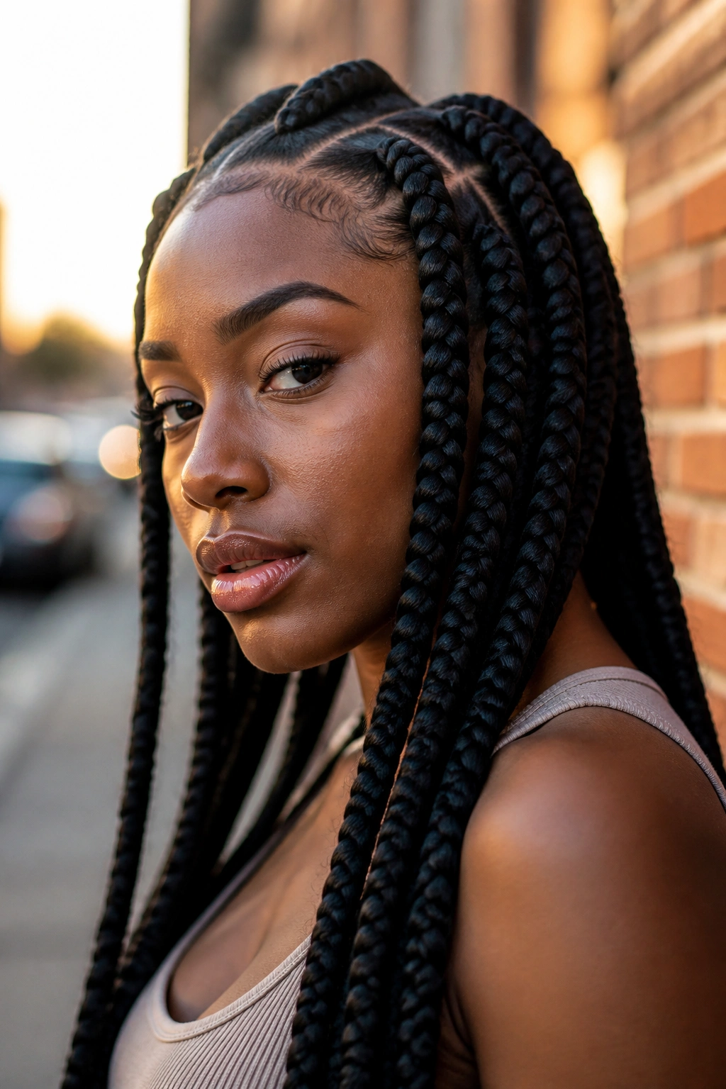 Close-up portrait of jumbo braids on a real Black woman