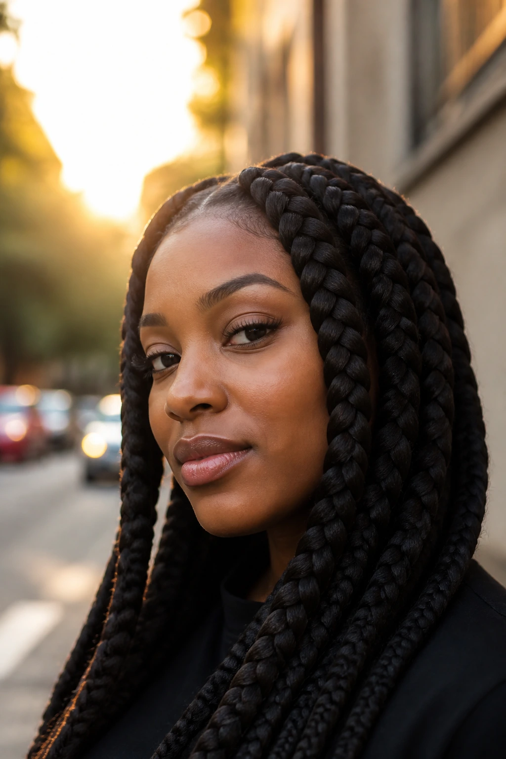 Close-up of a woman with jumbo braids, bold hairstyle in golden hour light