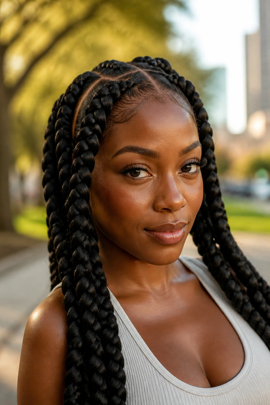 Close-up of a real Black woman with jumbo braids framing her face.