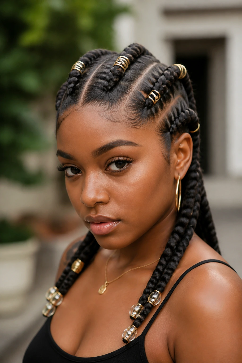 Close-up of jumbo cornrows with accessories on a real person.