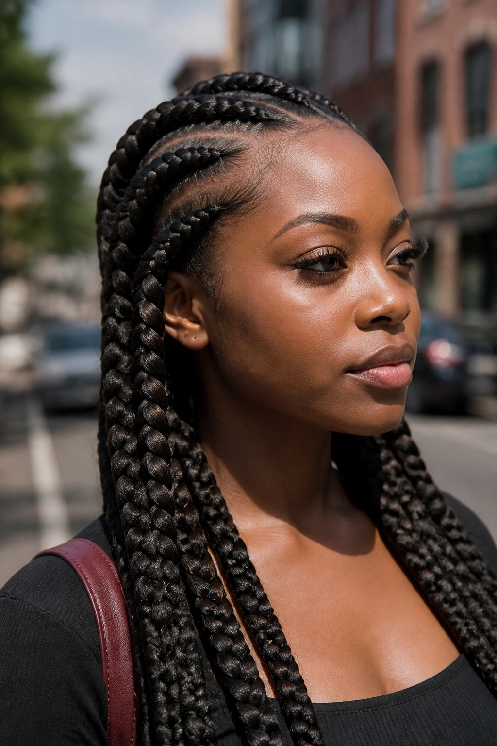 Close-up of real woman with jumbo Ghana braids
