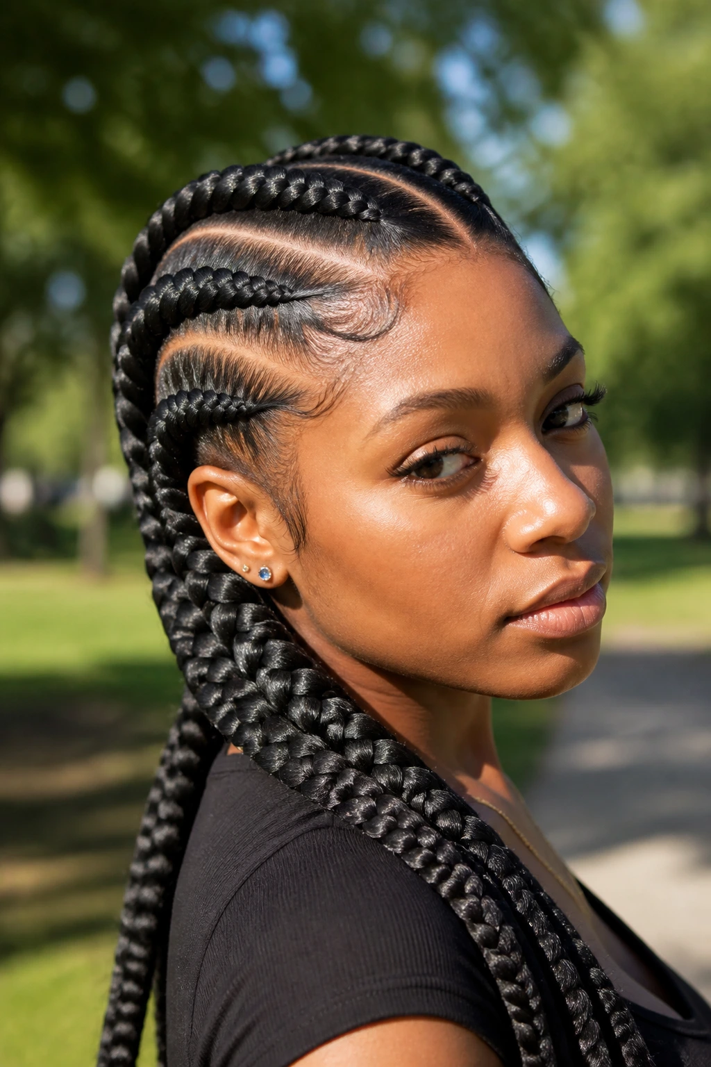 Close-up of a real woman with jumbo Ghana braids with thick rows in natural light