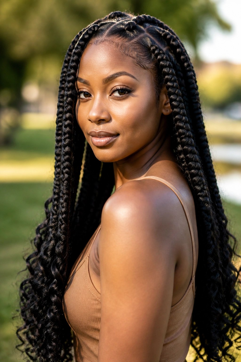 Close-up portrait of a real Black woman with jumbo goddess braids