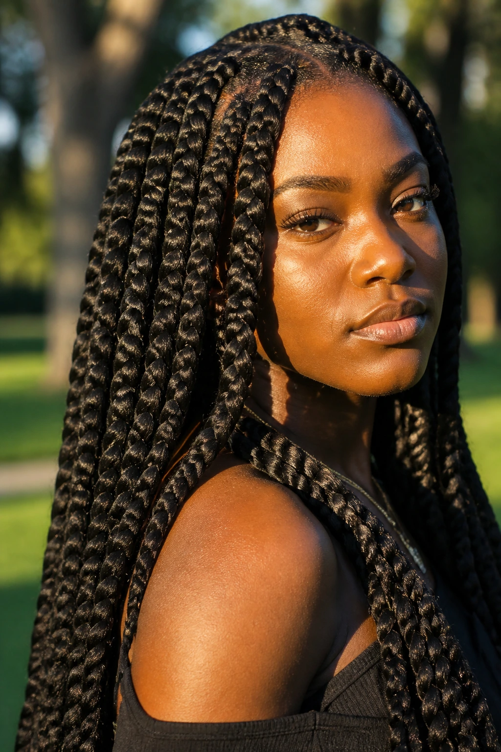 Close-up of a woman with jumbo goddess braids outdoors during golden hour