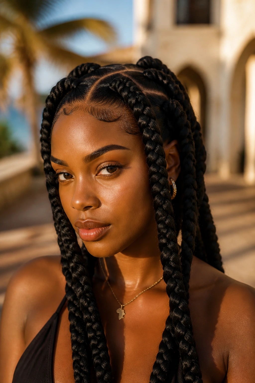 Head-and-shoulders portrait of a real person with jumbo goddess braids