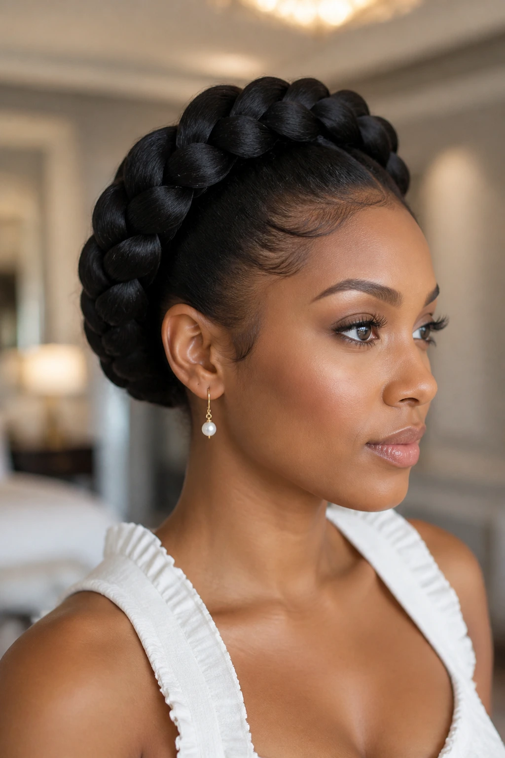 Close-up of a person wearing a jumbo halo braid around the head like a crown