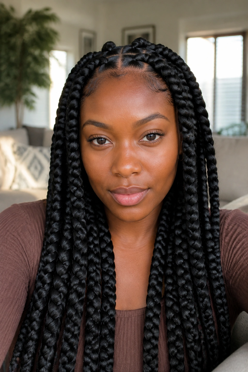 Close-up portrait of a real woman with jumbo knotless braids