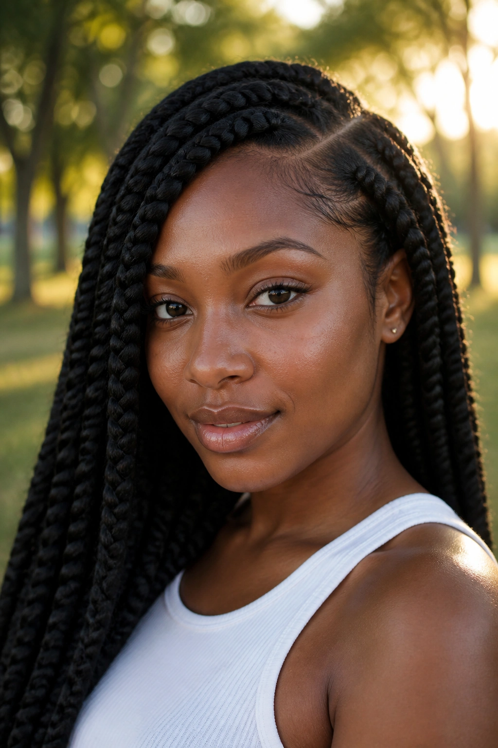 Portrait of a woman with Jumbo Lemonade Braids outdoors at golden hour