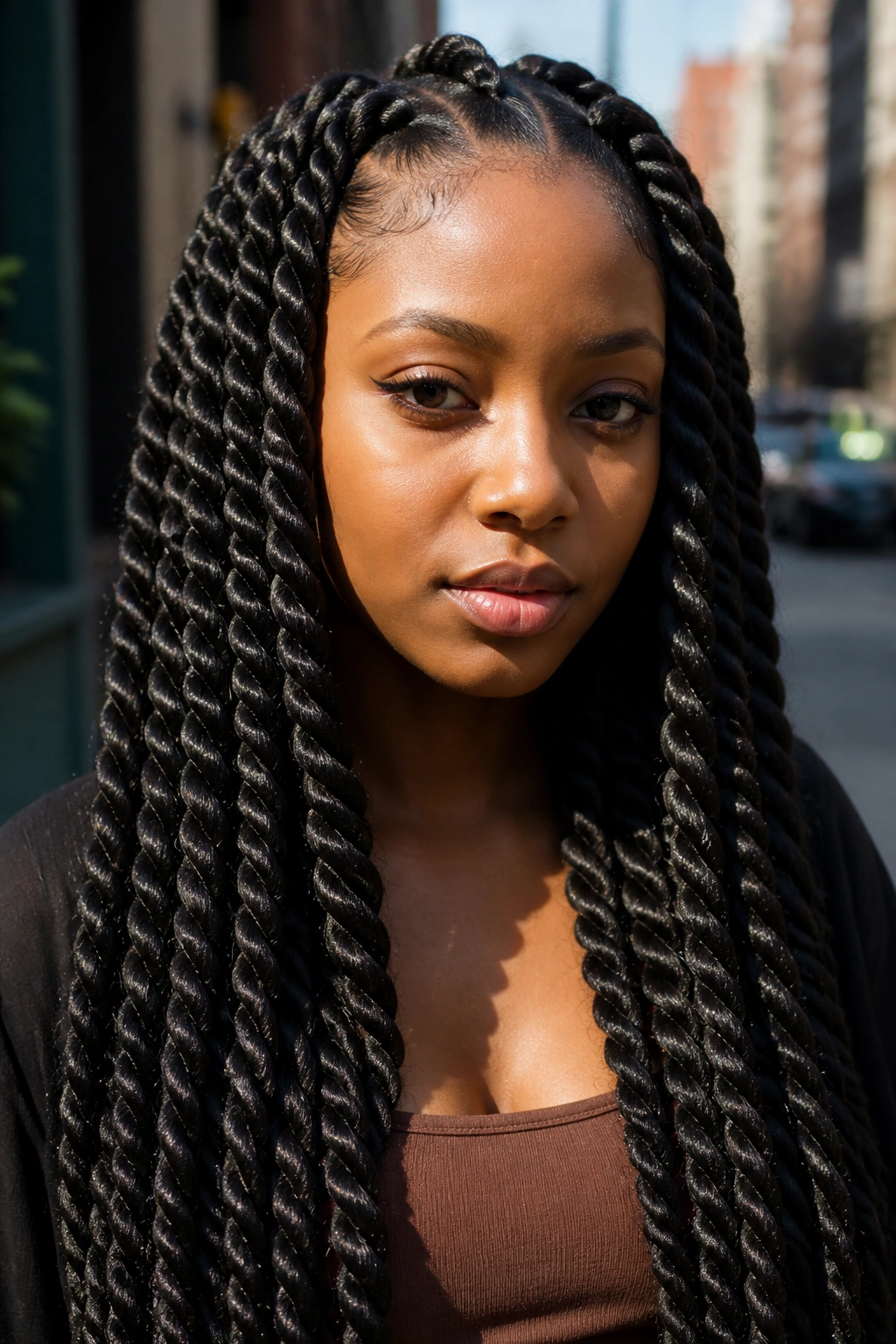 Real Black woman with jumbo Senegalese twists in sunny street setting