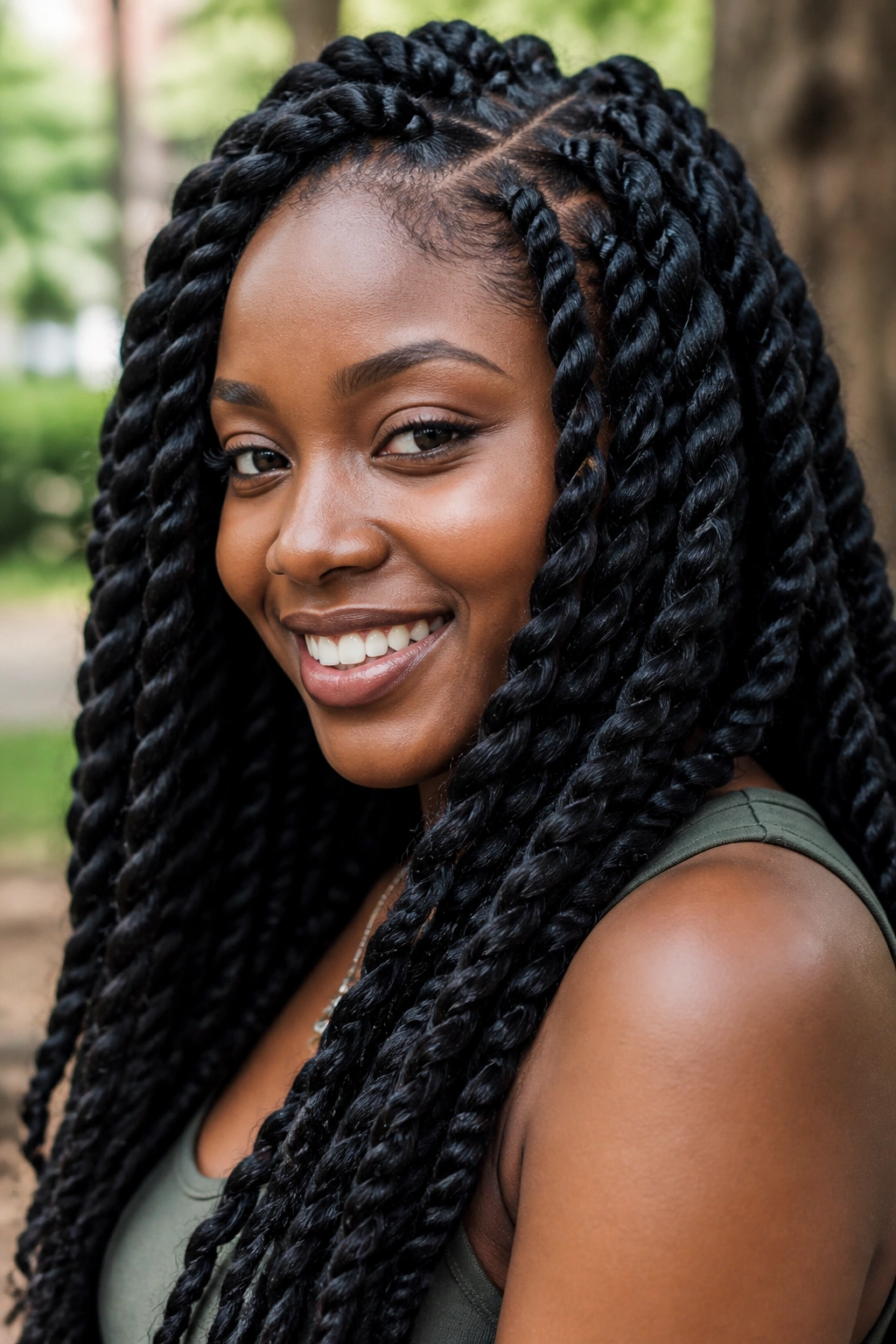 Close-up of a real person with bold jumbo twists on thick hair