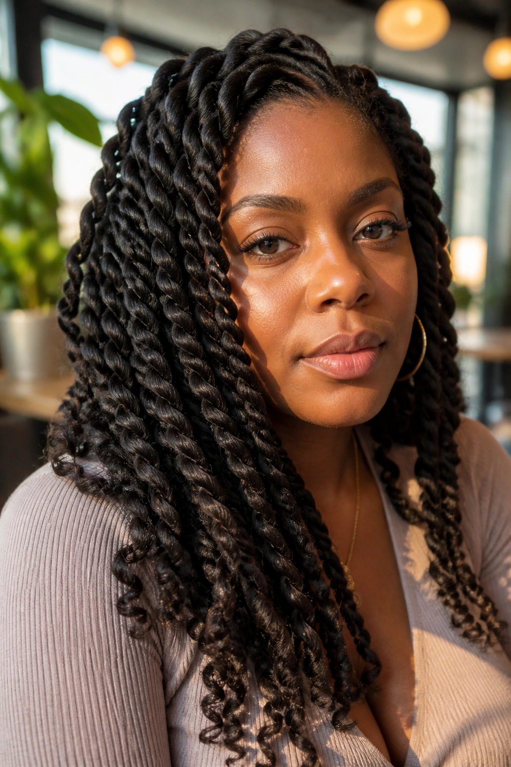 Close-up of jumbo two-strand twists with soft ends on a real woman in cafe light