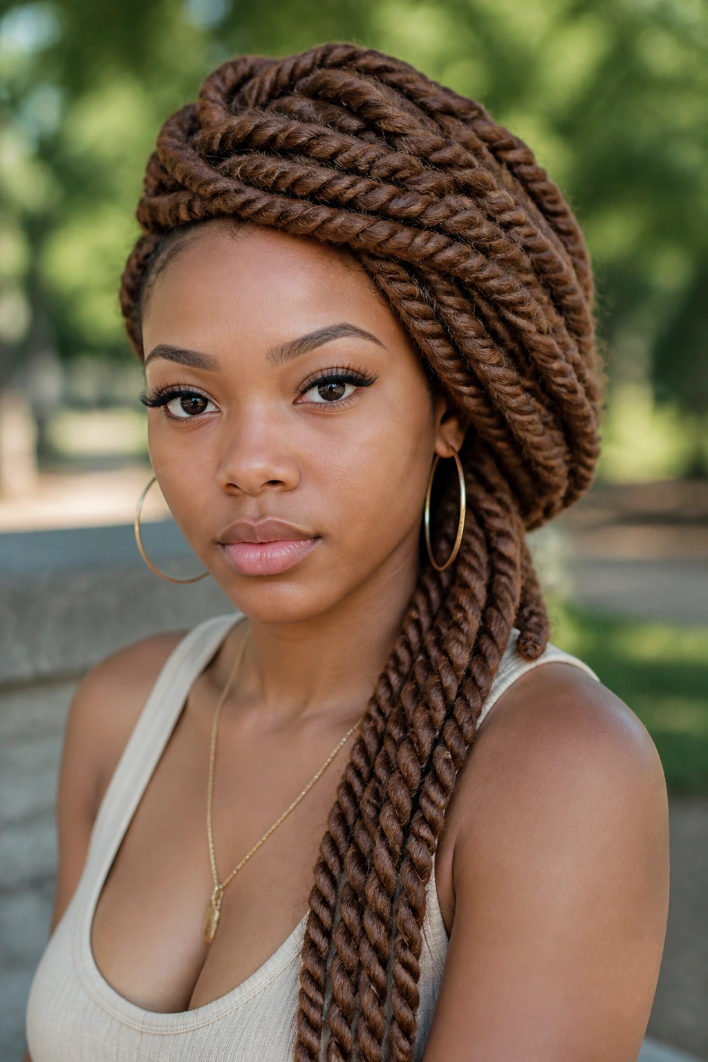 Close-up of a real person with jumbo yarn braids