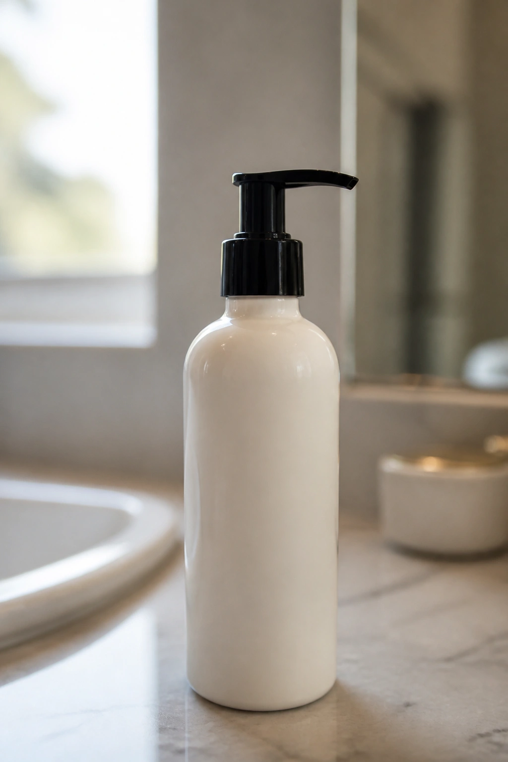 Close-up of JVN Complete Air Dry Cream bottle on bathroom counter with unreadable label
