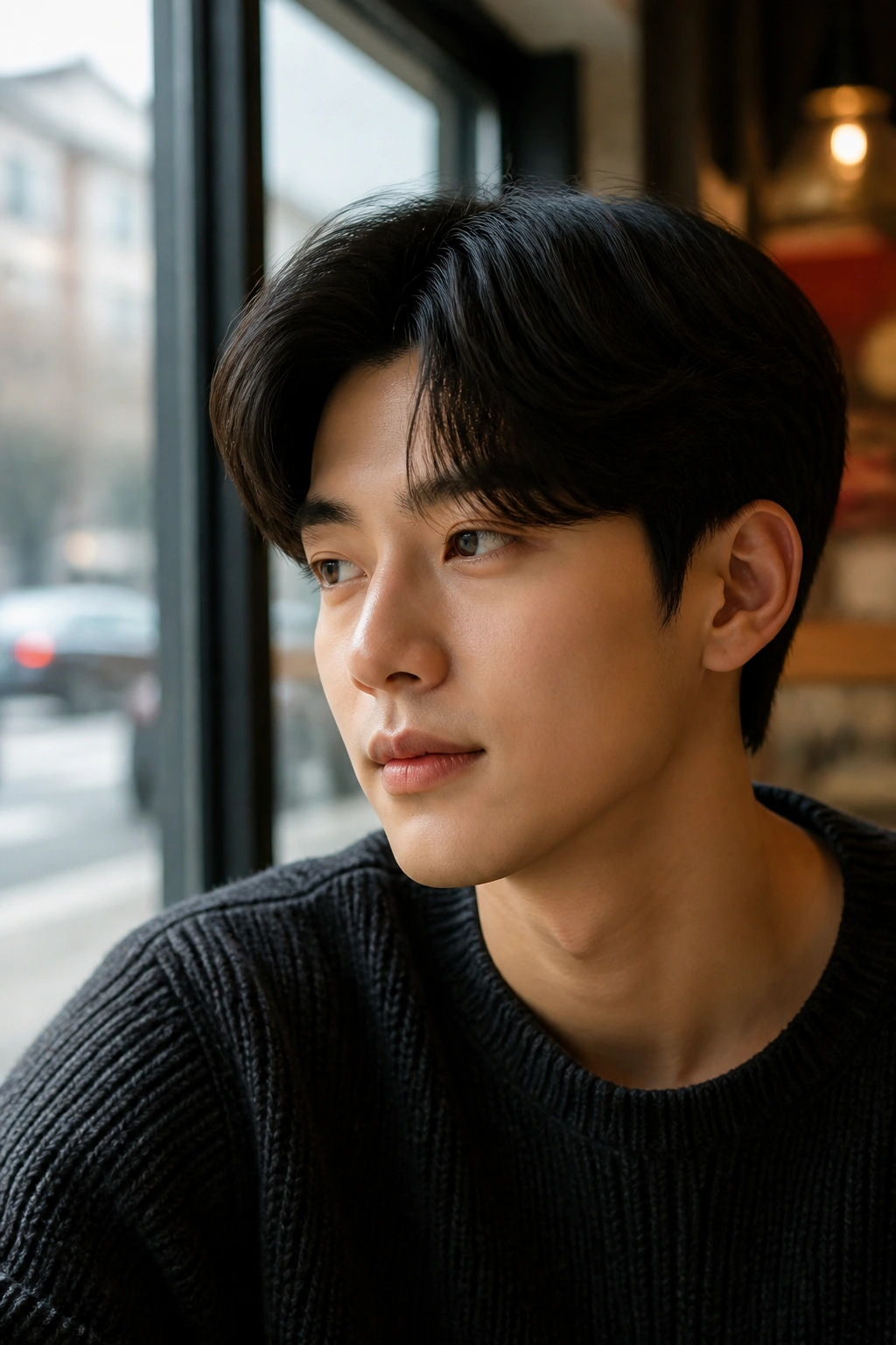 Close-up portrait of a real man with a K-Drama side part and natural volume.