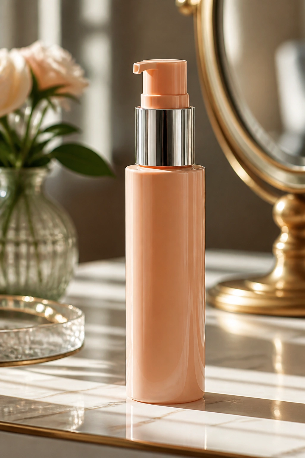 Close-up of Kérastase Curl Manifesto Crème De Jour Fondamentale bottle with unreadable label on vanity