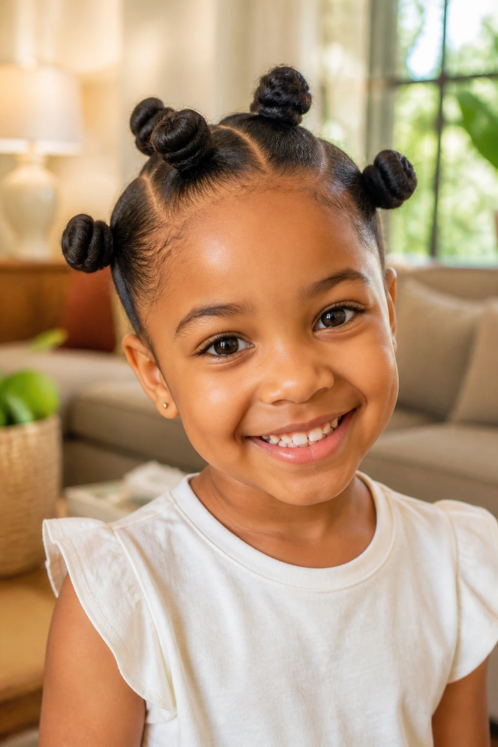 Close-up portrait of a child with kid-friendly bantu knots in a cozy home setting