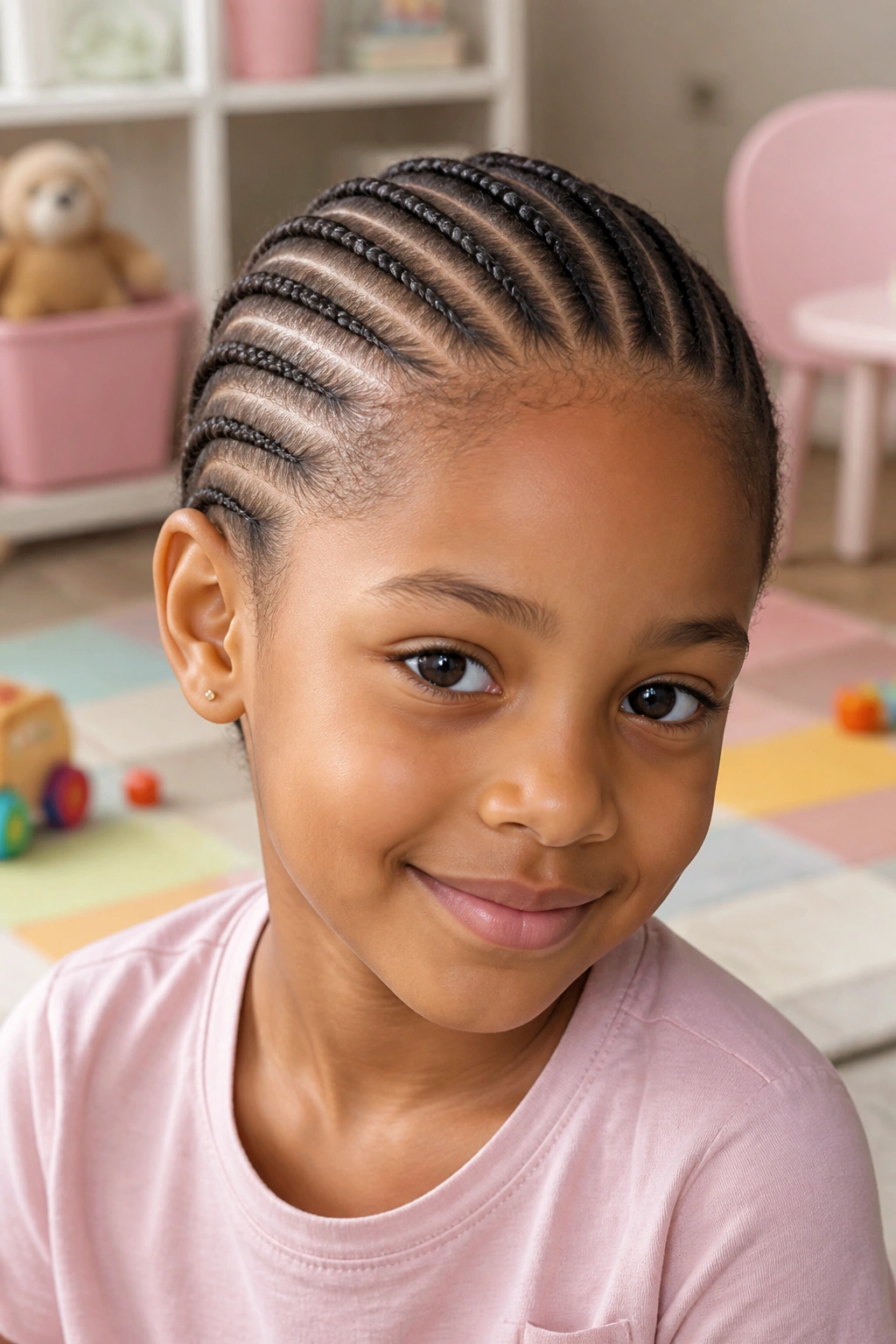 Close-up of kids straight-back cornrows in a playful setting
