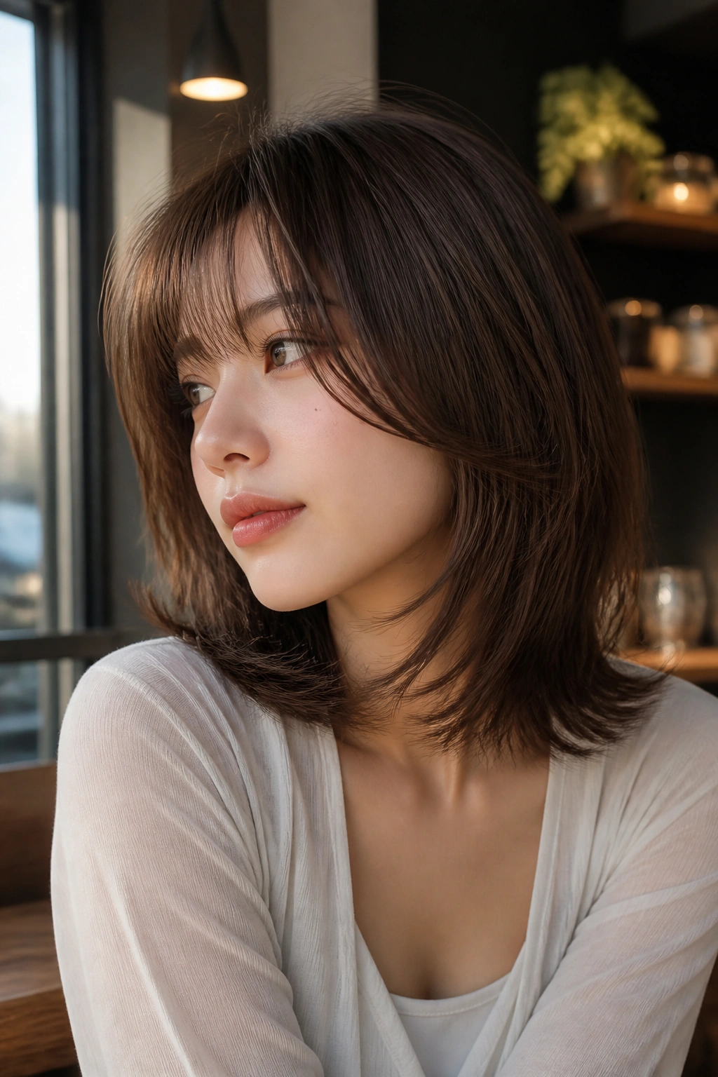 Close-up of a woman with rounded, shoulder-length kitty cut