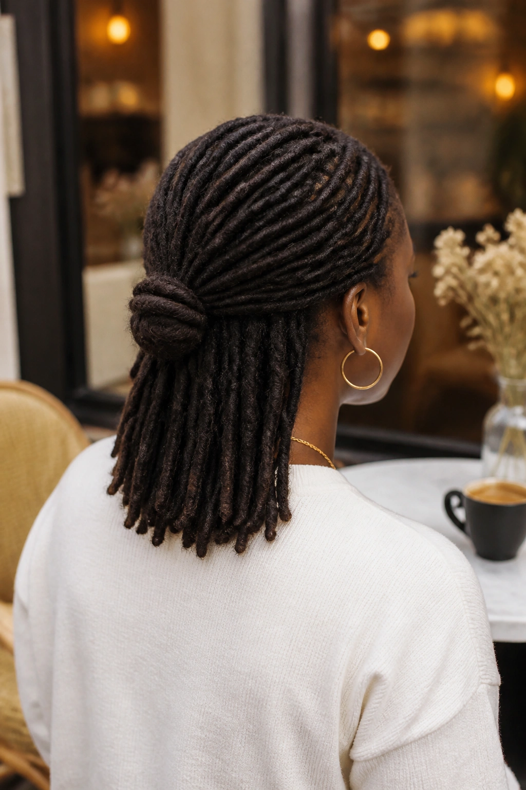 Rear view of a real woman with a low half-up knot at the nape of the neck