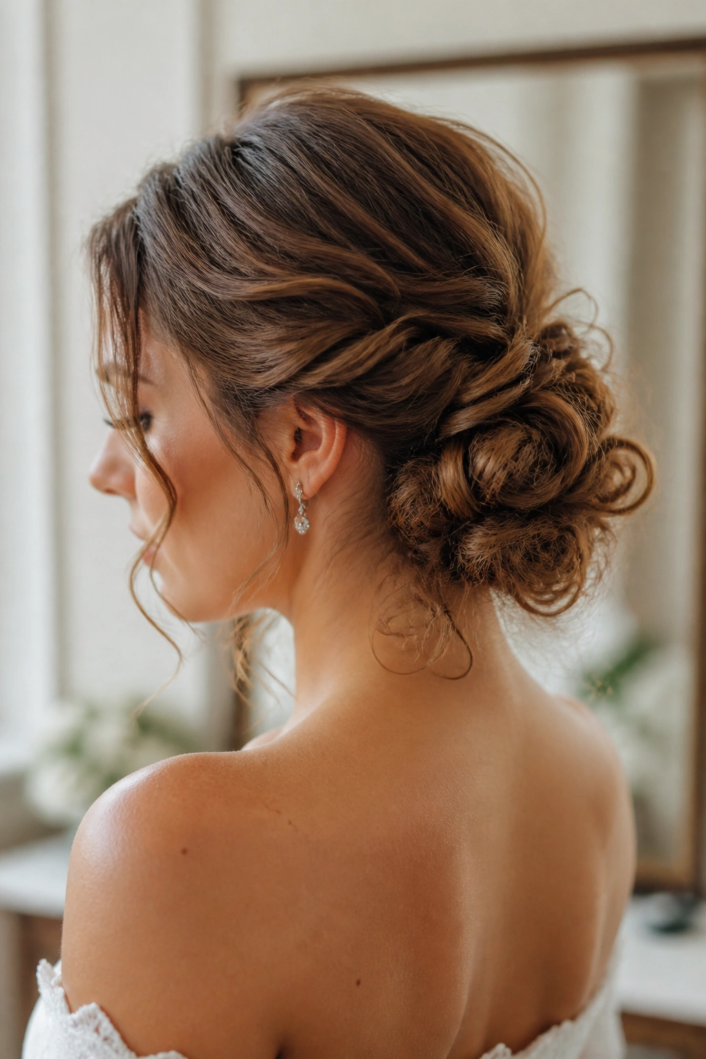 Close-up of knot bun with curly ends on a real bride