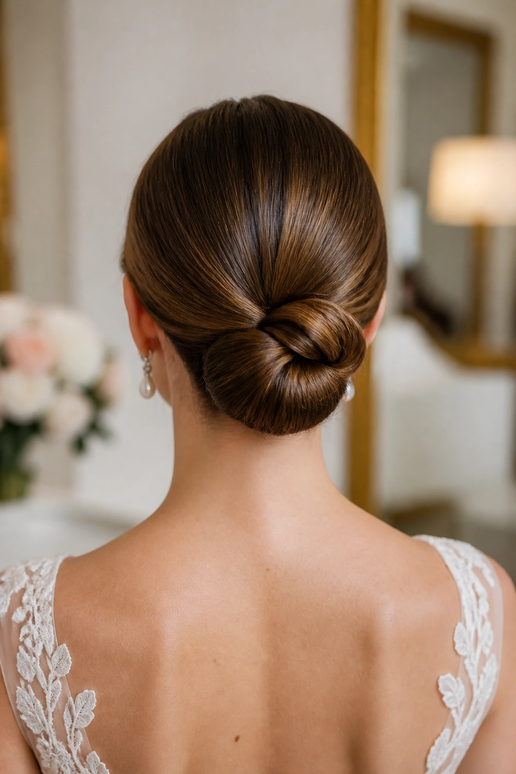 Back view of bride with a sculpted knot bun at the nape