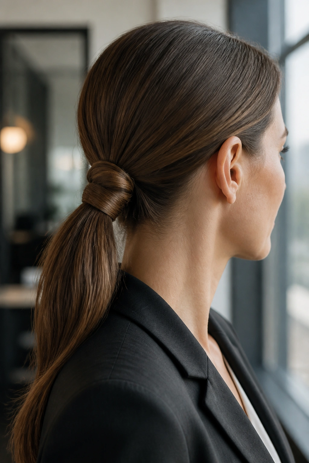 Close-up portrait of a real woman with a knot-detail low ponytail resting flat against the head.