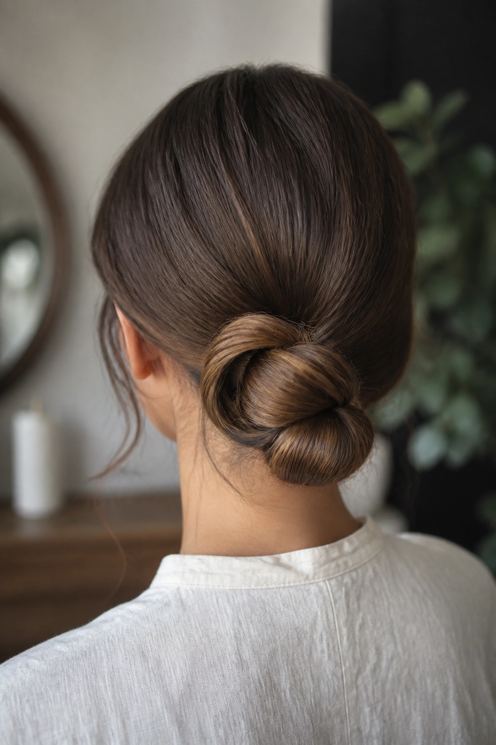 Back view of a real woman wearing a knot-loop low bun at the nape